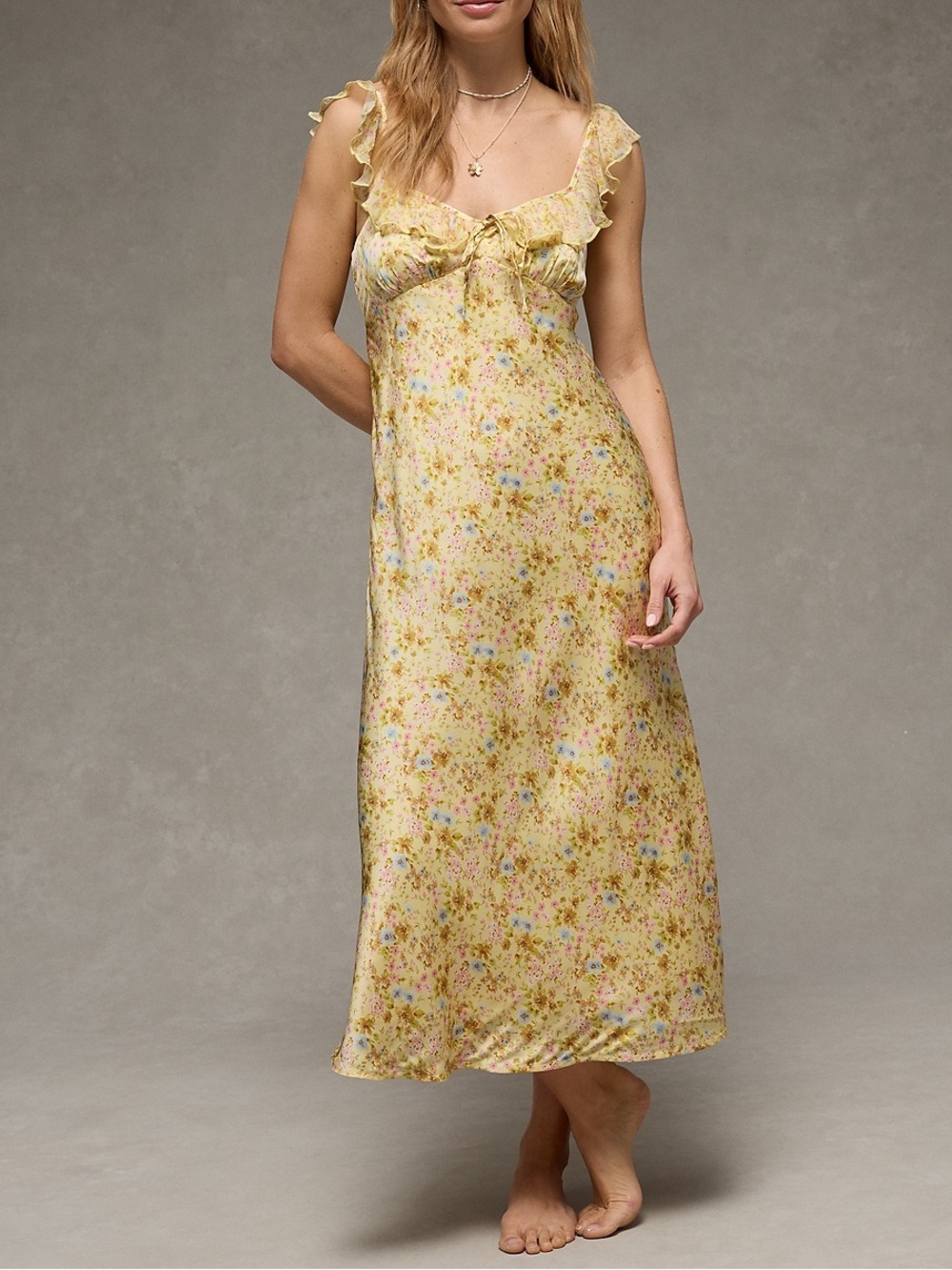 NEW Gold Silk Ruffle Strap Midi Dress AE American Eagle Yellow Floral S